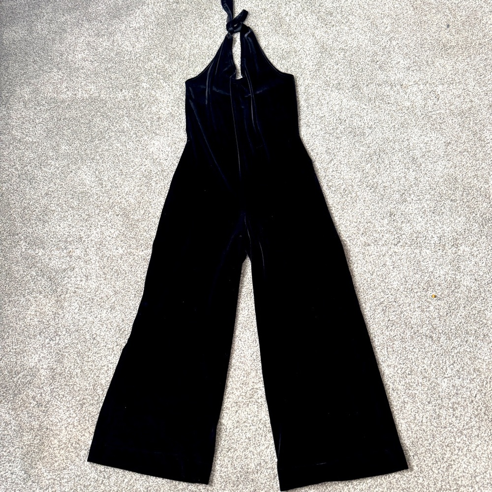 Emblem Tie Back and Wide Leg Velvet Elegant Black Jumpsuit Size Medium